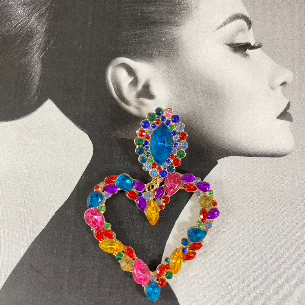 Huge Multi Rhinestone Rainbow Heart Earrings Total Glam Babe!